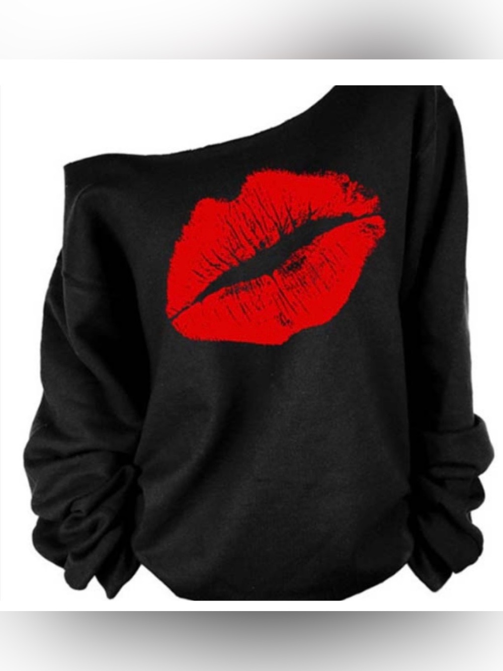 Black Off-Shoulder Sweatshirt with Red Lip Print 80’s NWT XL